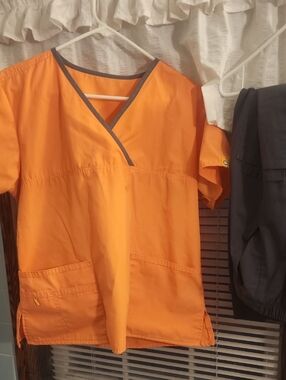 UA Scrubs Orange V-neck Medical Scrub Top with Gray Trim